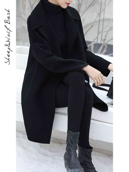 

women's wool & blends kmetram 100% coat female jacket autumn winter fashion en korean long s abrigo mujer my, Black