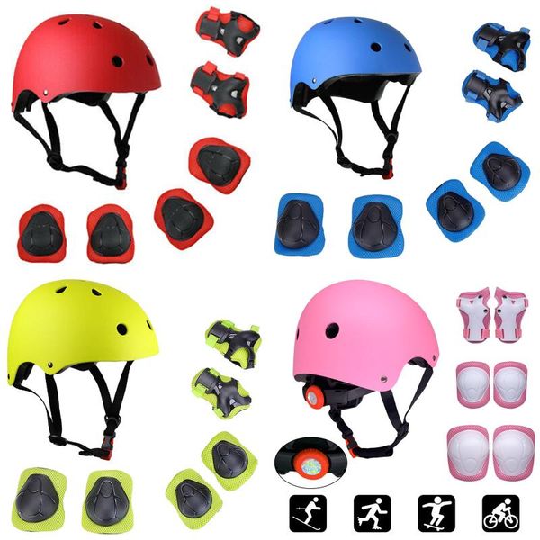 

kids 7 in 1 helmet and pads set adjustable knee elbow wrist guards for scooter skateboard roller skating cycling &, Black;gray