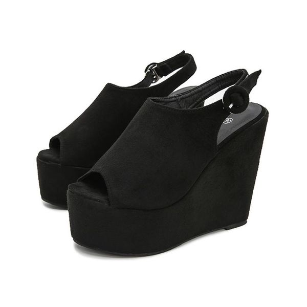 

women's sandals women summer shoes thick-soled wedges fish mouth belt buckle high heels, Black