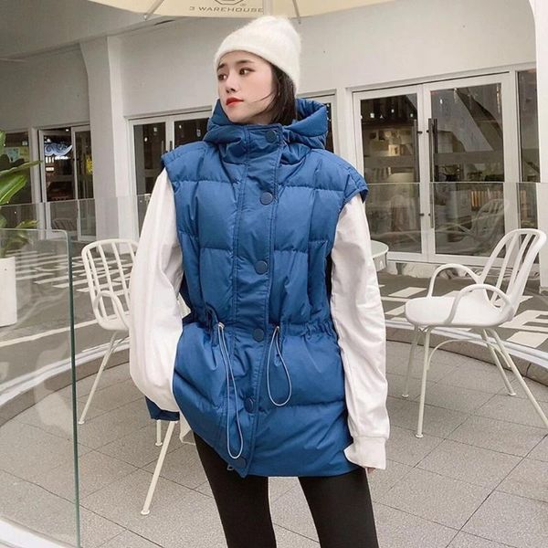 

women's vests sleeveless jacket hooded cotton padded ladies winter fashion solid oversize korean waistcoat for female 2021, Black;white