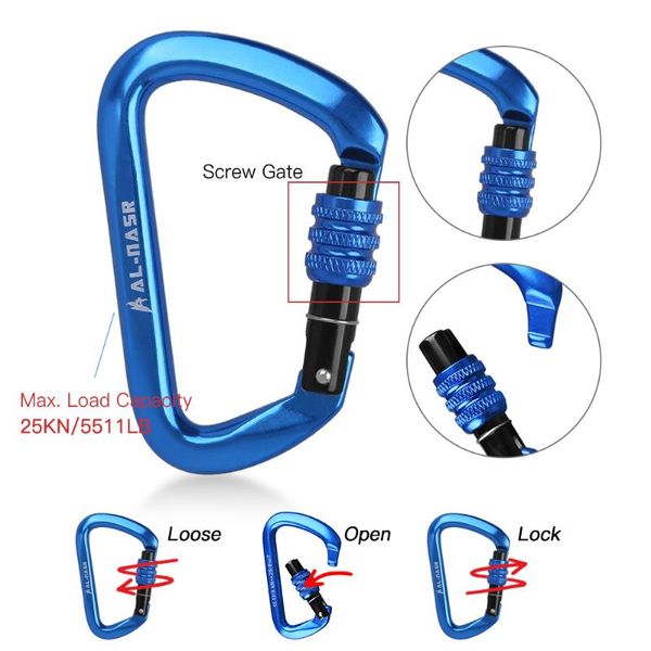 

cords, slings and webbing 25kn d-shaped carabiner lock heavy duty aluminum alloy spring-loaded gate buckle survival tool camping equipment