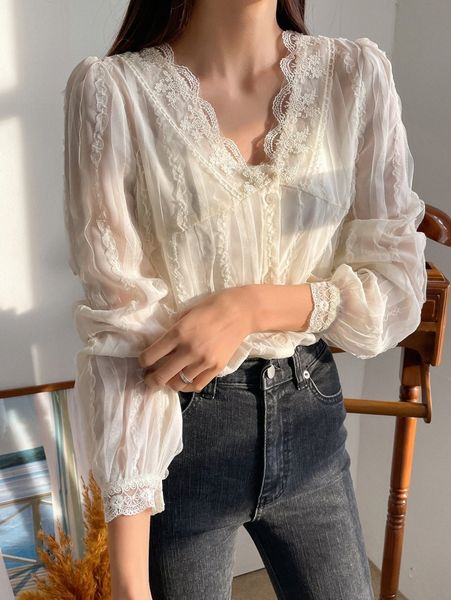 

dazy embroidery mesh puff sleeve blouse w7d7#, White