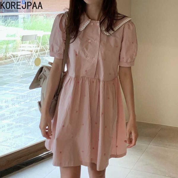 Korejpaa Frauen Kleid Sommer Koreanische Chic Alter-Reduzierung Süße Baby Kragen Stickerei Blumen Zweireiher Lose Vestidos 210526