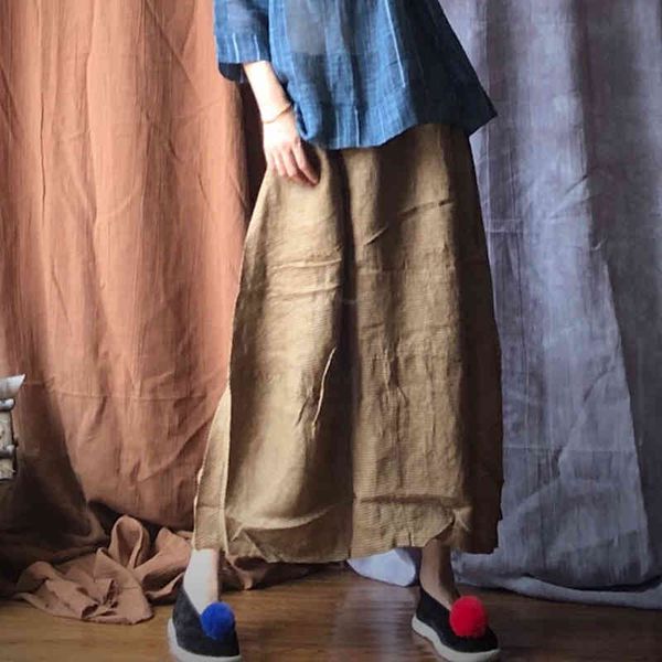 

johnature women vintage straight linen plaid color skirts coffee autumn elastic waist female chinese style skirts 210521, Black