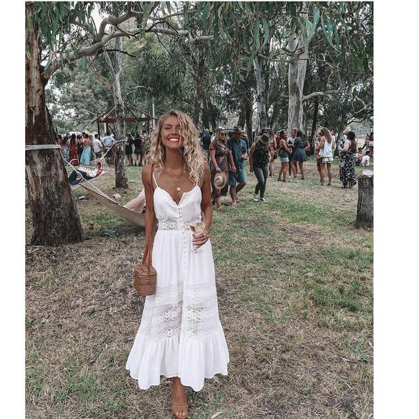 

women dress lace fashion boho long maxi summer v-neck ladies sleeveless white beachdress evening party casual clothes dresses, Black;gray