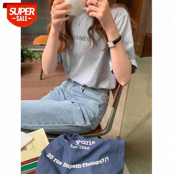 

tg short-sleeved letter printed t-shirt korean round neck loose casual bottoming 13637 #g62f, Black;gray