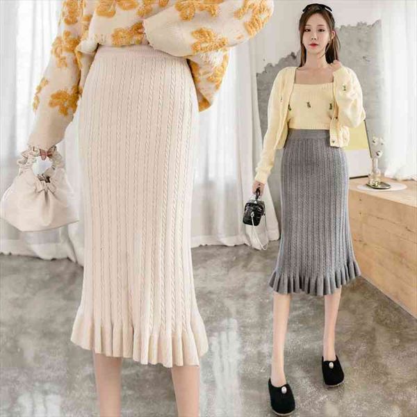 

arrival autumn winter women knitted midi skirt korean elegant slim high waist pleated mermaid skirt, Black