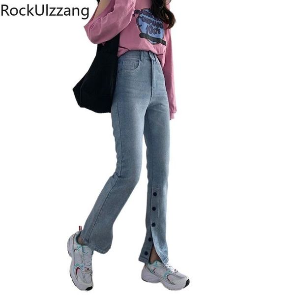 

high waist slim elegant side button split denim pant women streetwear summer pencil bodycon jeans korean black blue fashion women's