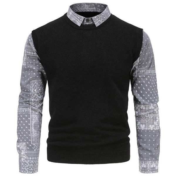 

men's sweaters ym608 british slim autumn winter holiday 2021 two-piece shirt collar trend printed sleeve sweater, White;black