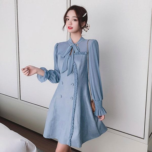 

#5340blue pink beige blazer dress women spliced chiffon a-line cute double breasted office spring autumn casual dresses, Black;gray