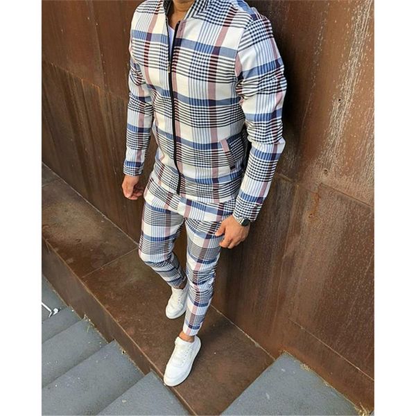 

men's tracksuits fashion casual zipper stand collar jacket men suit 3d plaid sports slim-fit two piece set, Gray