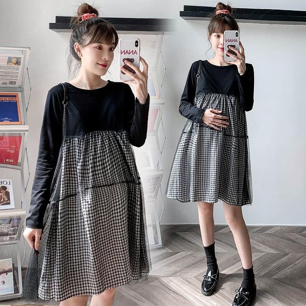

maternity dresses 5904# dress fashion arrived long sleeves o neck plaid patchwork loose plus size midi pregnant women mom, White