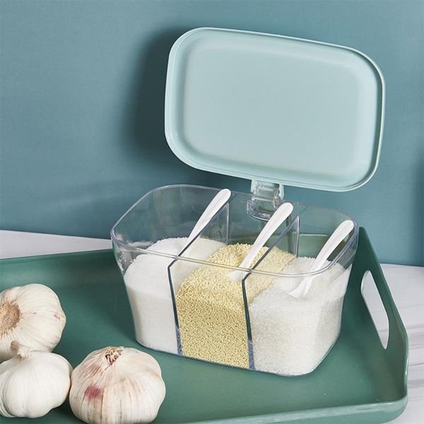 

storage bottles & jars salt condiments box 3slots transparent 1 pc 3 spoons sugar