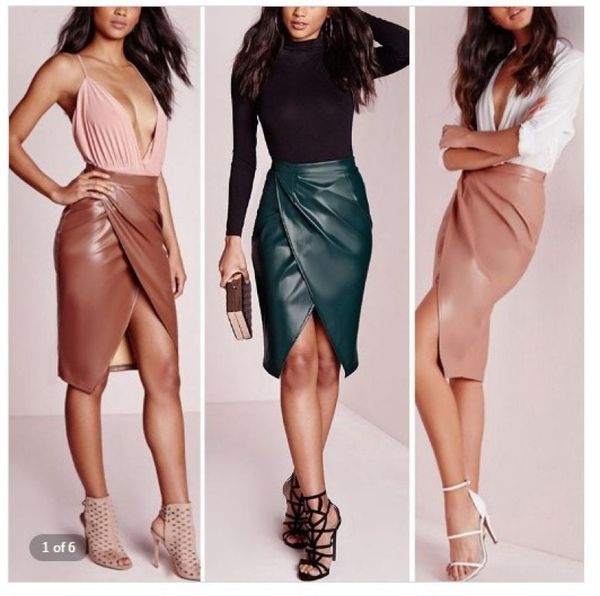 

2021 new summer fashion women's solid color split faux leather bag hip skirt, Black