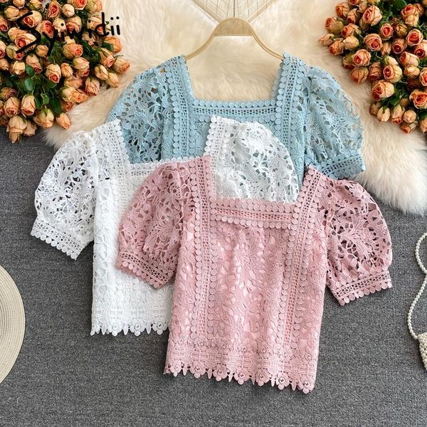 

women's blouses & shirts syiwidii lace women summer 2021 korean vintage puff sleeve square collar hook flower hollow short pink blue, White