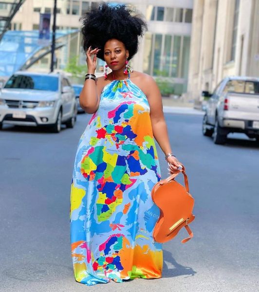 

casual dresses 2021 ladies fashion street temperament slim print multi-color neck hanging backless long dress, Black;gray