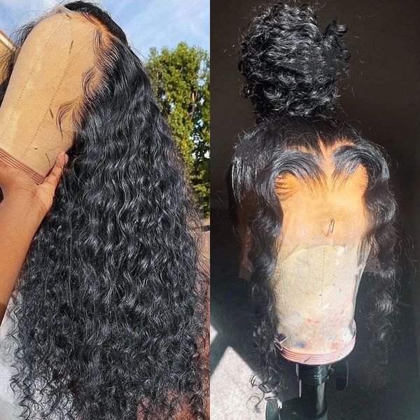 13x4 HD Filme fino transparente 360 ​​Lace Frontal Human Hair Wigs Brasileiro Fechamento de águas profundas peruca encaracolada para mulheres negras 150 Densidade