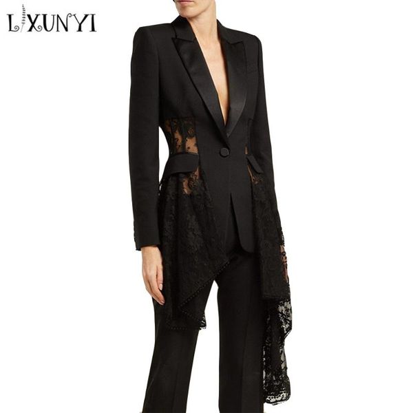 

women's suits & blazers lxunyi irregular lace patchwork blazer jacket women long sleeve hollow out woman's coat black slim runway, White;black
