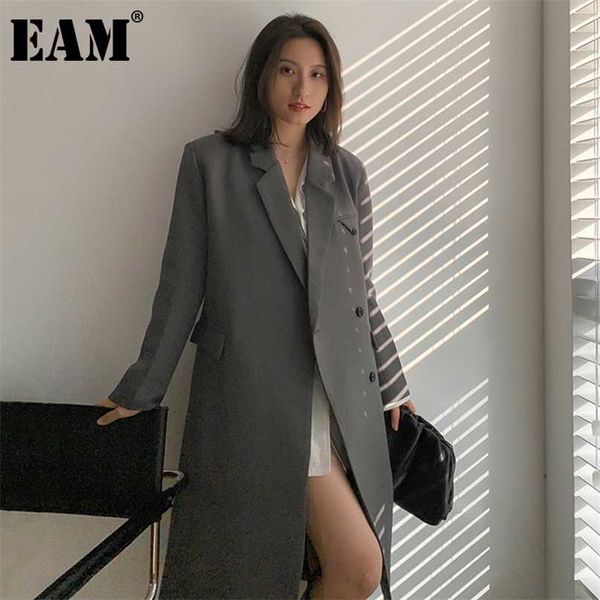 

[eam] women pockets gray long big size blazer notched sleeve loose fit jacket fashion spring autumn 1dd5532 211019, White;black