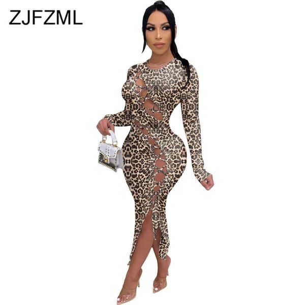 

casual dresses lace up hollow out leopard print long party dress autumn clothing for women high waist full sleeve bandage bodycon skinny, Black;gray