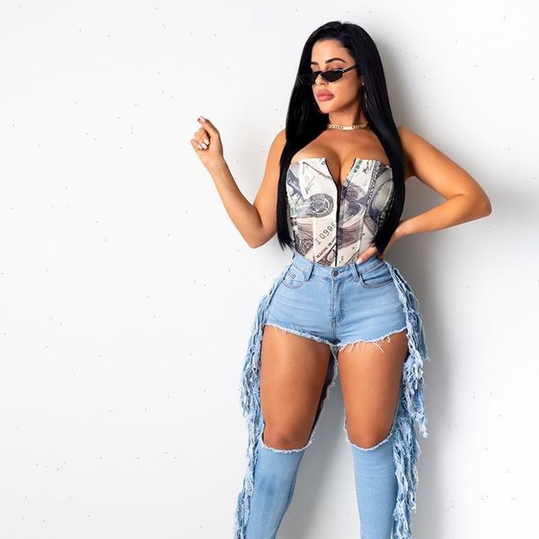 

blue ripped fringe tassel denim womens jeans pencil pants baggy high waist hole trousers