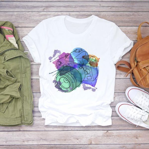 

watercolor camera printing cute womens t shirts kawaii print summer graphic female ladies tee, White