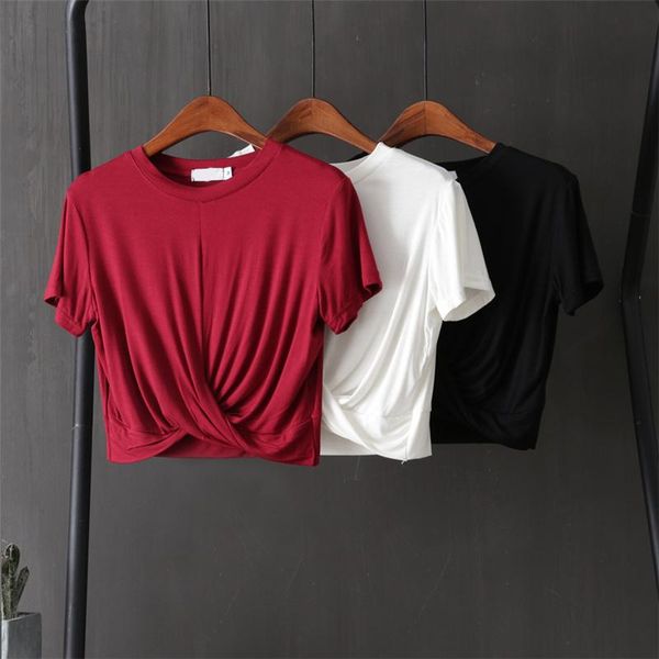 

women's t-shirt modal women t-shirts 2021 summer o-neck short high waist solid casual all match female pulls tees, White