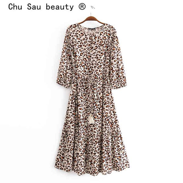 

beauty boho vintage leopard print midi cotton dress women beach style o-neck tassel dresses female holidaywear 210514, Black;gray