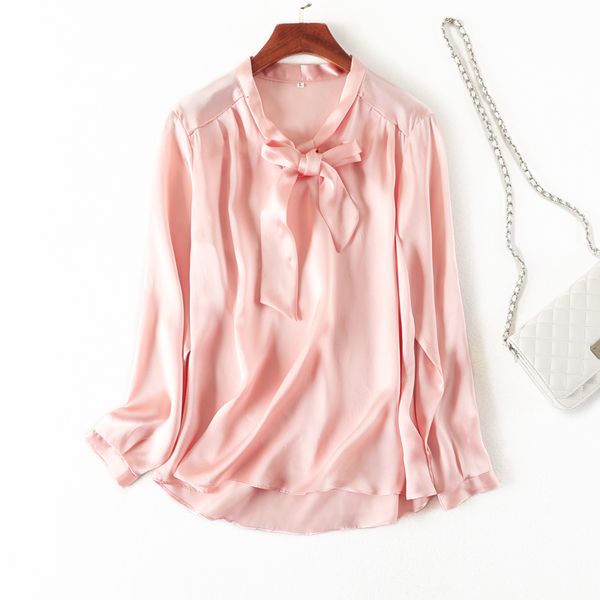 

coat women's 100% mulberry satin silk pink bow tie neck long sleeve shirt blouse office work xl mm037, Tan;black