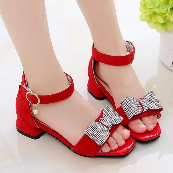 

sandals 2021 summer girl children princess's low heel party shoes kids soft leather bowtie footwear hook & loop flat with1, Black;red