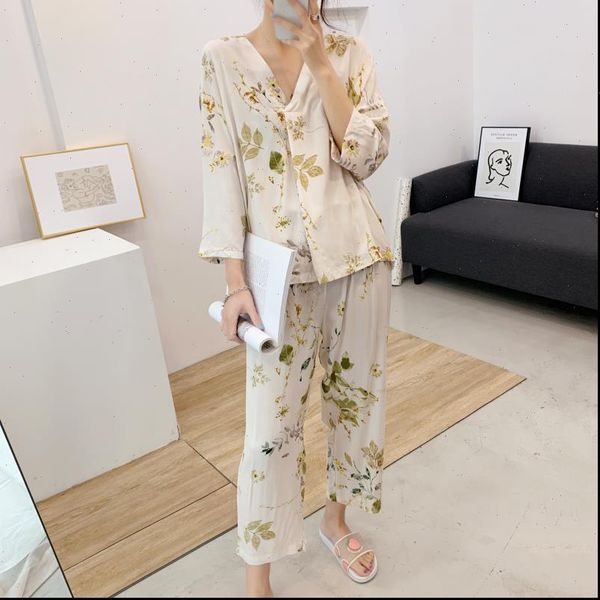 

cotton cardigan home clothes women sleepwear half sleeve with long pants pajamas suit printing woman pajama set, Black;red