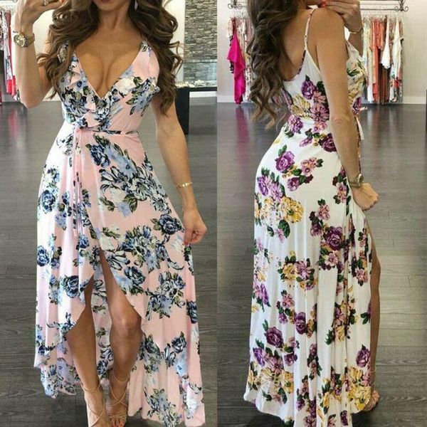 

casual dresses v-cut high split with belt summer beach holidays long vestidos women boho floral printed strap, Black;gray