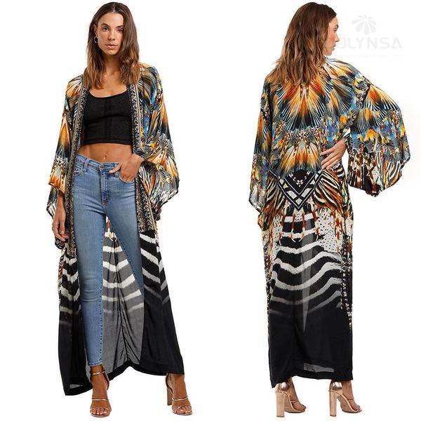 Mulheres Swimwear 2022 Impressão Bohemian Long Kimono Vestido Plus Size Mulheres Roupas Verão Praia de Verão Desgaste Nadar Cobertura para cima Robe de Plage Sarong Q1