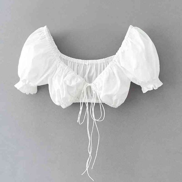 

black white lace up bow tie short blouse women summer casual puff sleeve small shirts femme crop s7390 210430