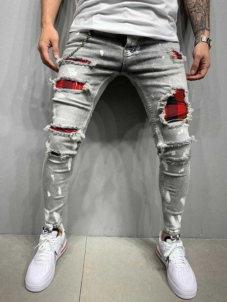 Calça jeans magras dos homens rasgados grade esticar jeans jogging calças remendo mendigo pants jumbo homens hip hop pulso fino harajuku calça x0621