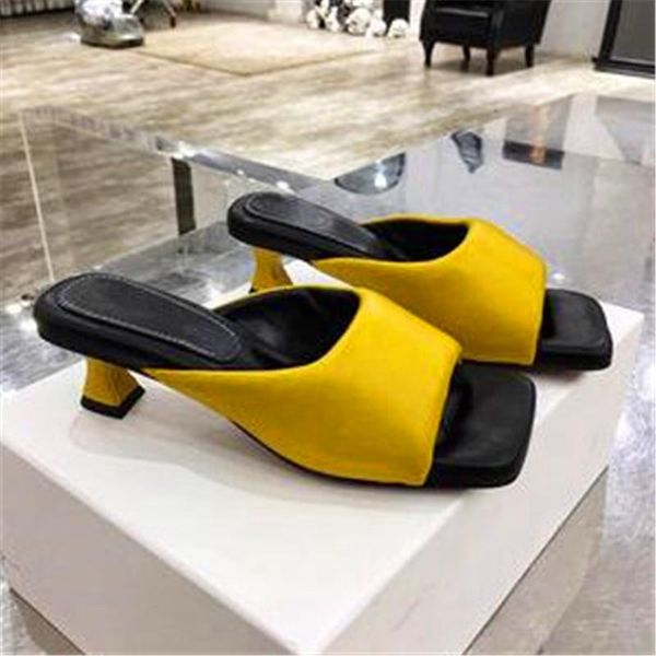 

slippers leather toe high heels ladies fine heel black yellow summer party sandals