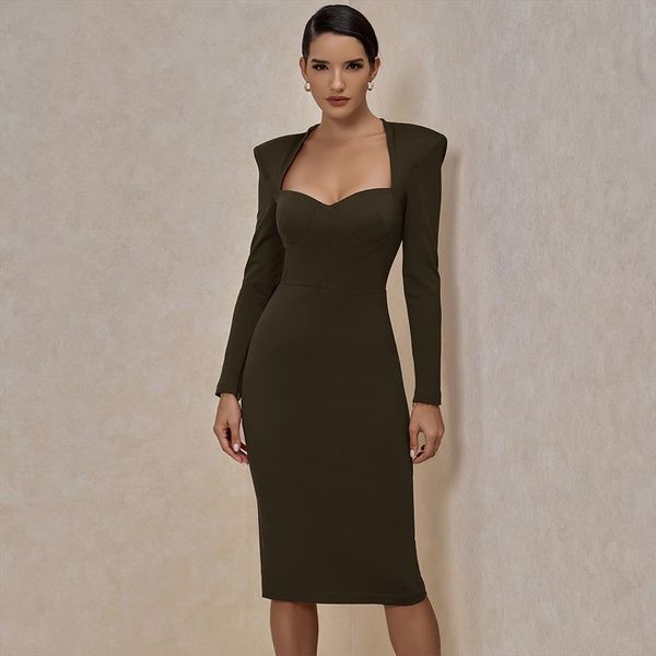 

runway fashion crepe sweetheart women dress long sleeve bodycon autumn winter green midi club party, Black;gray