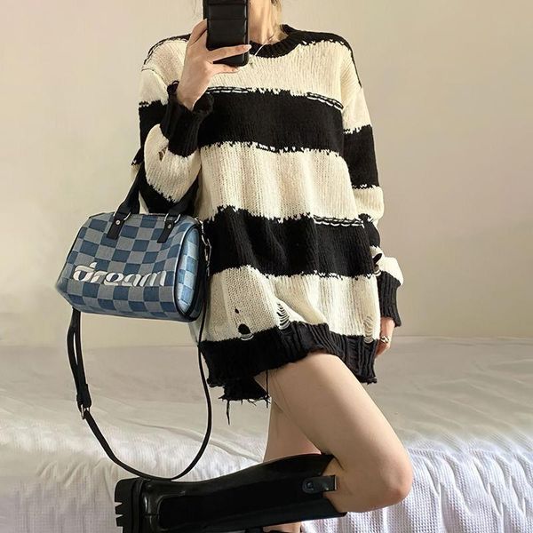 

women's sweaters stripe sweater female early autumn 2021 retro chic lazy wind loose wear long sleeve knit top, White;black