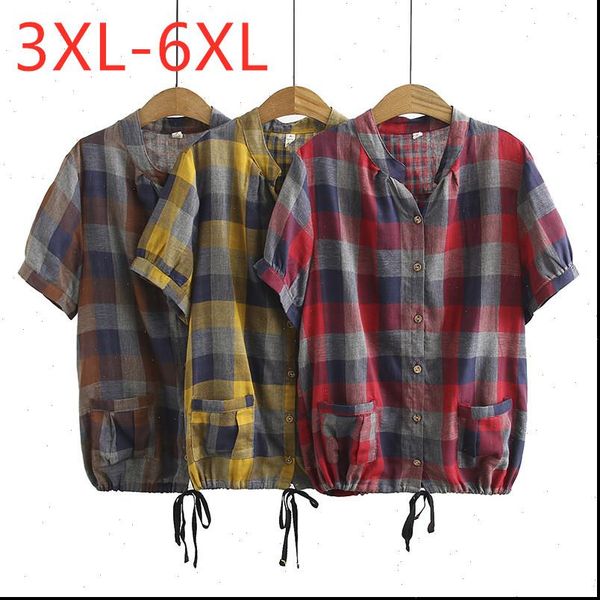 

summer plus size large women blouses short casual loose cotton pocket plaid shirt red 3xl 4xl 5xl 6xl, White
