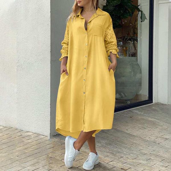 

casual dresses 2021 shirts dress ladies autumn long sleeve pleated kaftan vestidos vonda women loose turn down neck beach sundress oversized, Black;gray