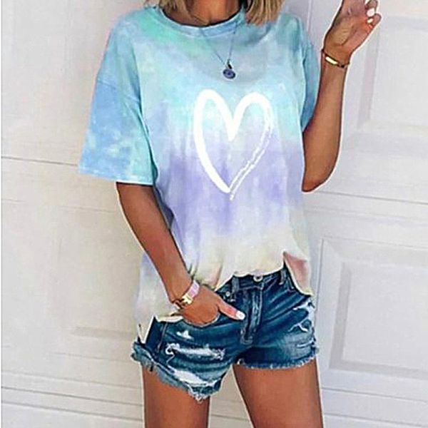 

women's t-shirt t shirt gradient heart printed round neck short sleeve casual loose summer harajuku plus size ropa mujer, White