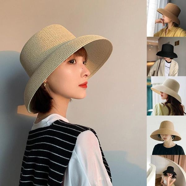 

wide brim hats hepburn style women summer sun hat big eaves beach holiday fold fisherman cap temperament flat straw, Blue;gray