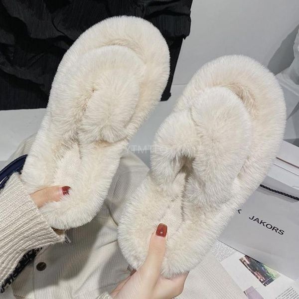 

furry slippers fur slides for women faux indoor shoes female casual home flat winter footwear zapatillas mujer casa, Black