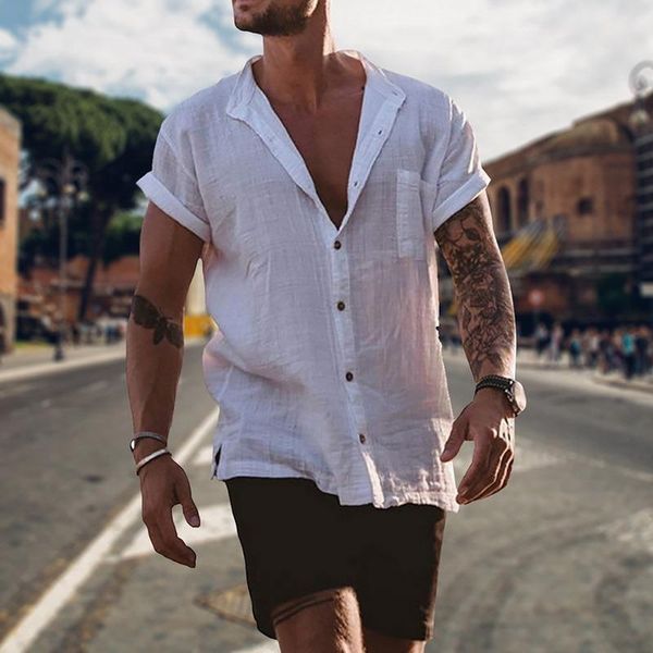 

men's casual shirts 2021 linen cotton solid color shirt summer short sleeve loose male fashion turn-down collar button, White;black