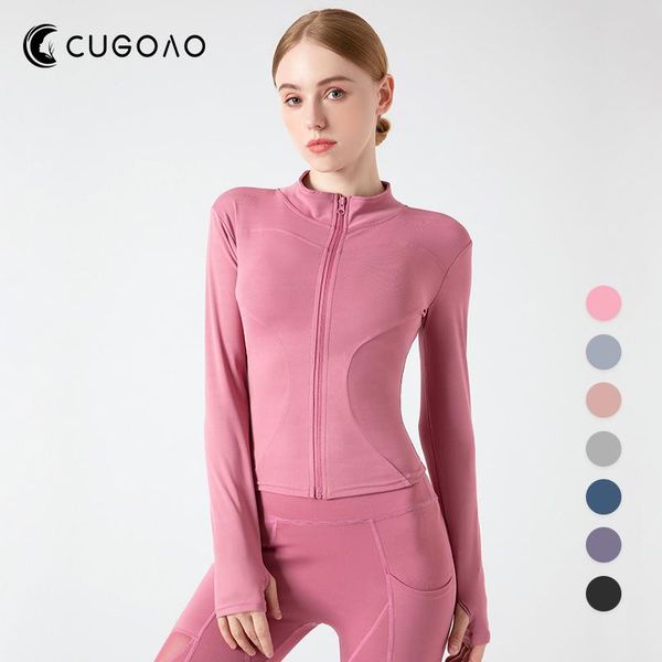 

running jackets cugoao women sport jacket zipper yoga coat clothes quick dry fitness hoodies thumb hole gym workout sportwear, Black;red