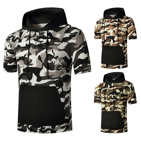 

men's hoodies & sweatshirts male fashion 2021 streetwear short sleeve summer camouflage casual male sweater hoodie big pocket 3 color, Black