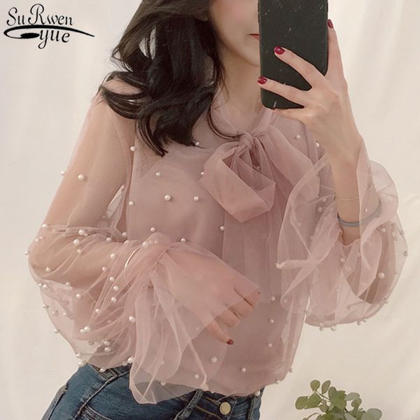 

autumn women chiffon shirt gauze bow beading pink white blosue with lace lady's female office shirts blusa 4323 210417