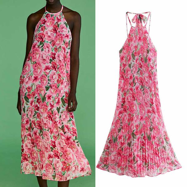 

za dress chiffon print suspender halter chic women dress summer fashion casual street youth charming 210601, Black;gray