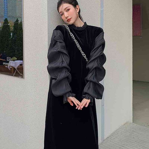 

casual dresses black velvet puff sleeve vintage long women spring autumn side split ruffle neck ladies 3hbx, Black;gray