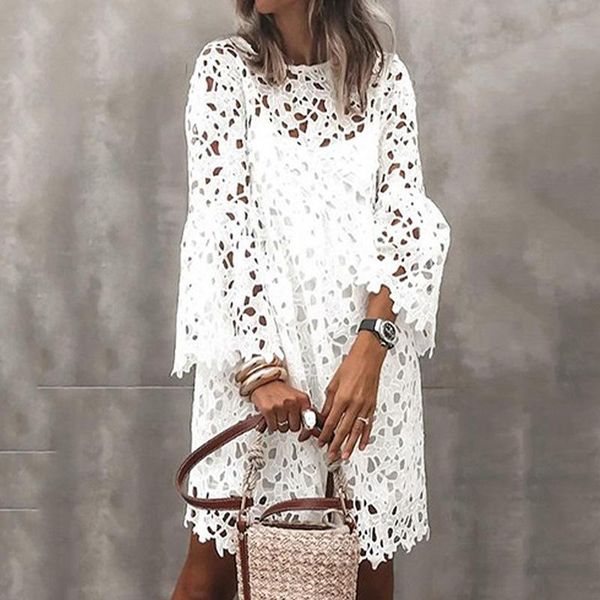 

casual dresses lace crochet dress women sundress flare sleeve mini vestidos summer hollow out beach oversized temperament party, Black;gray